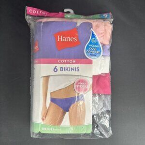 Hanes Tagless Cotton Bikinis 6 Pack- Wicking Cool Comfort Fabric- Sz 9